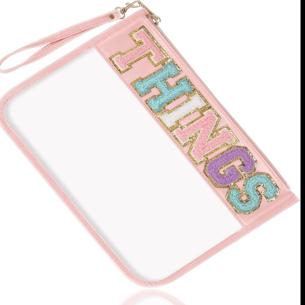 New, Clear Zipper Pouch with wristlet, THINGS in Chenille Letters